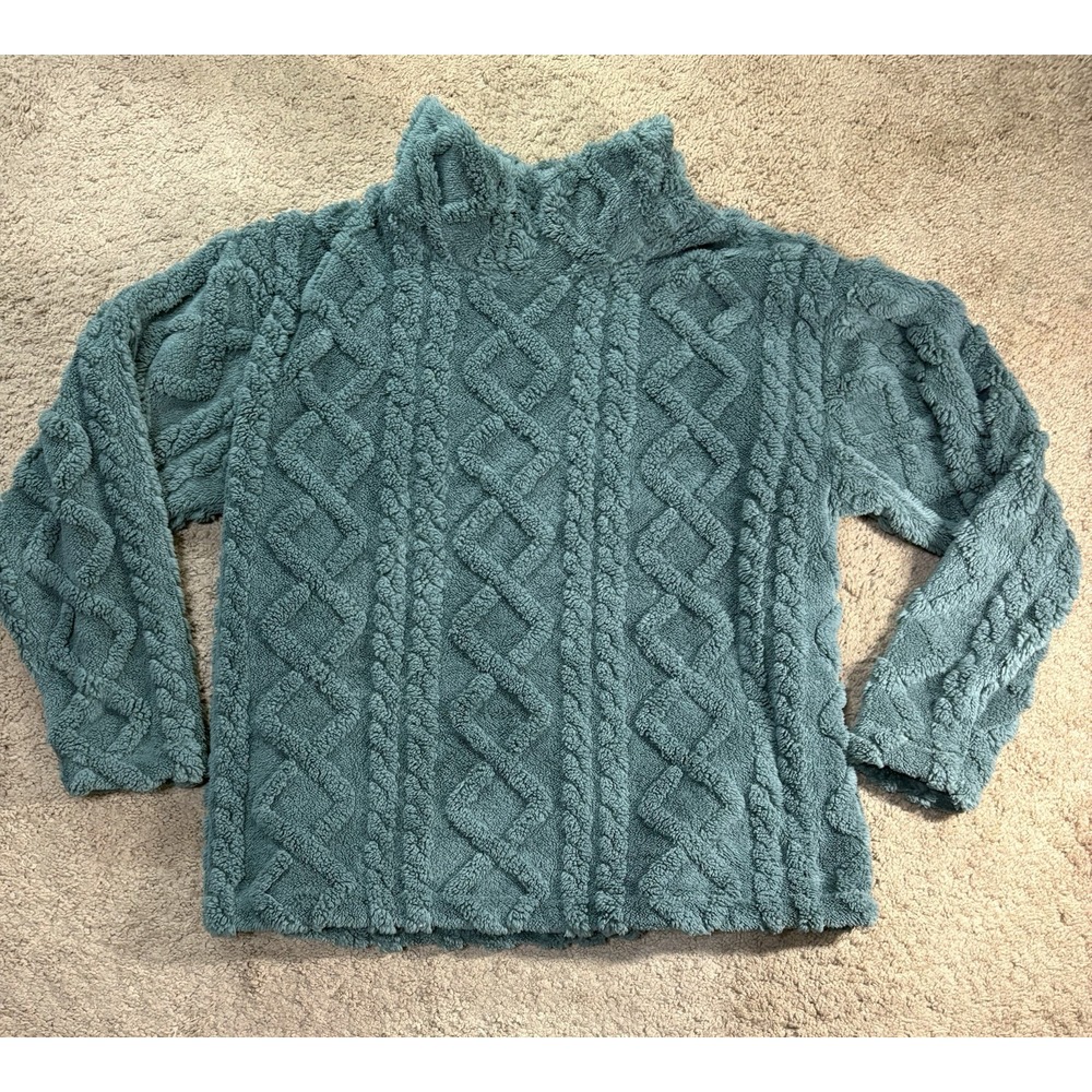 Eddie Bauer Cable Knit Fleece Sweater Women Large Green Pullover Cozy Ultrasoft